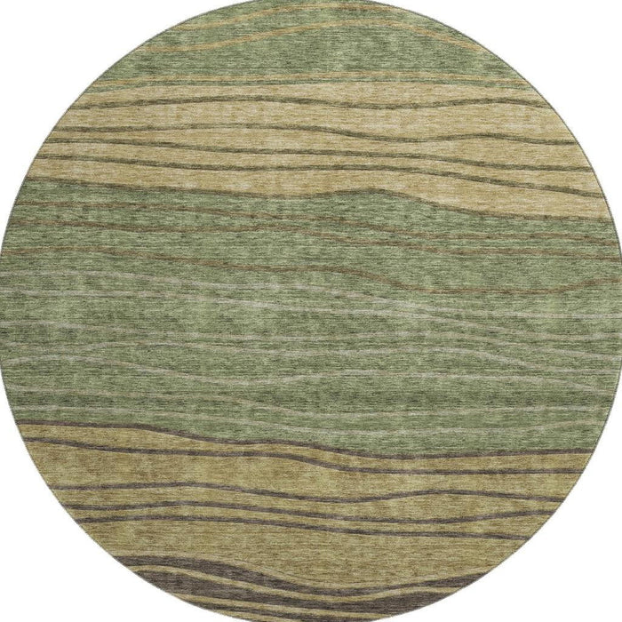 8' Striped Washable Round Rug With UV Protection - Olive Green