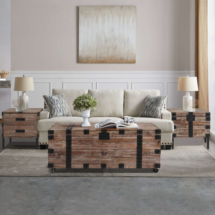 Set of three Giga trunk and side tables in antique gray with large storage compartments for living room decor.