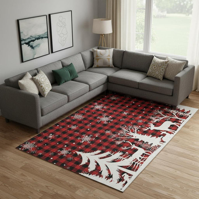 10' X 14' Gingham Washable Area Rug With UV Protection (702329) - Red / Black / Ivory