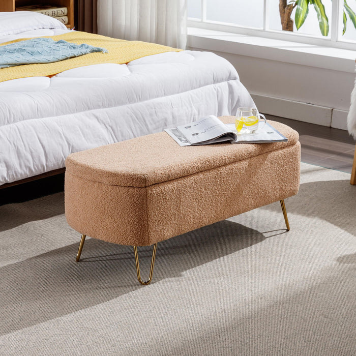 Giga modern camel faux fur storage ottoman bench with padded upholstery and sturdy legs, ideal for bedroom or living room seating and storage.