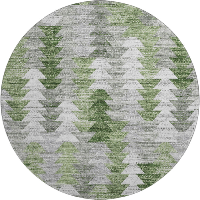 8' Geometric Washable Round Rug With UV Protection (653131) - Green / Ivory / Gray