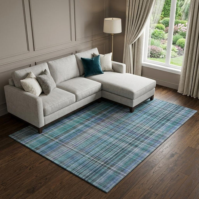 8' X 10' Plaid Washable Area Rug With UV Protection (648308) - Teal / Gray