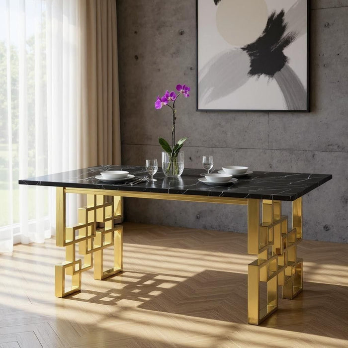 79" Marble And Metal Double Pedestal Base Dining Table - Black / Gold