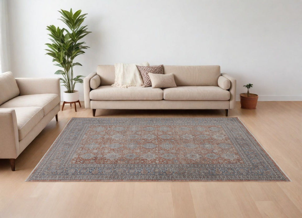 7' x 10' Oriental Power Loom Worn Faded Area Rug With Fringe - Blue And Red