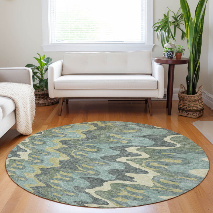 8' Abstract Washable Round Rug With UV Protection - Sage And Beige