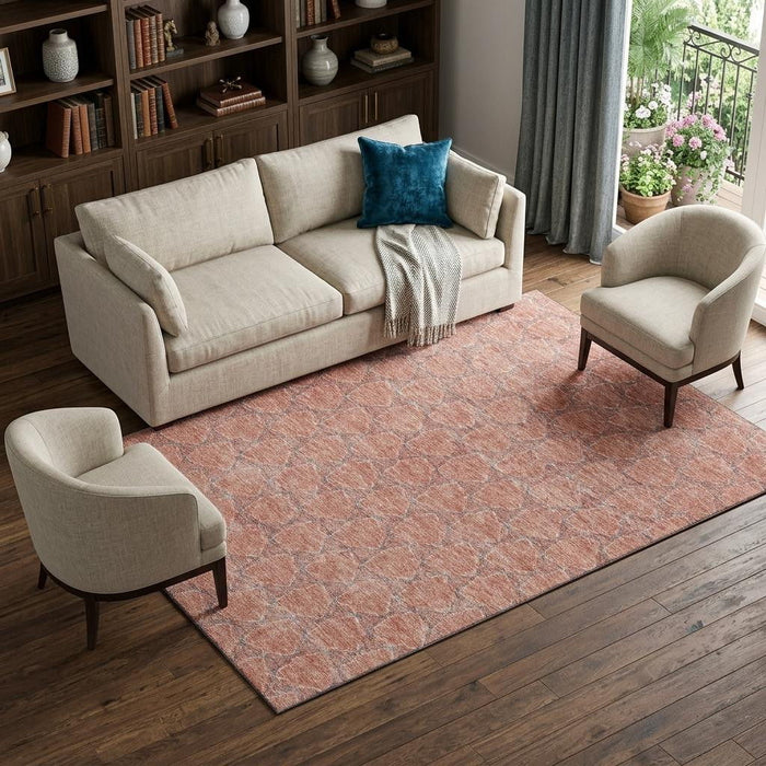10' X 14' Geometric Washable Area Rug With UV Protection (676080) - Salmon / Ivory / Blue