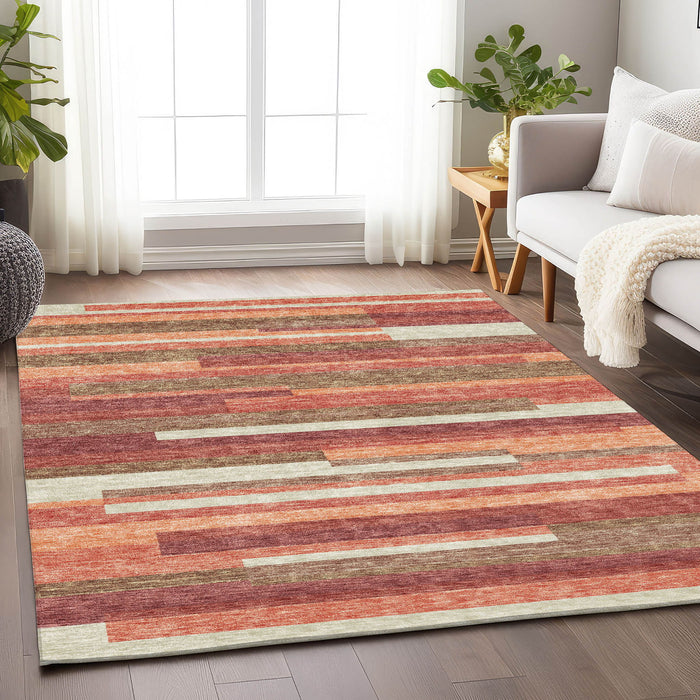 10' X 14' Striped Washable Area Rug With UV Protection - Coral