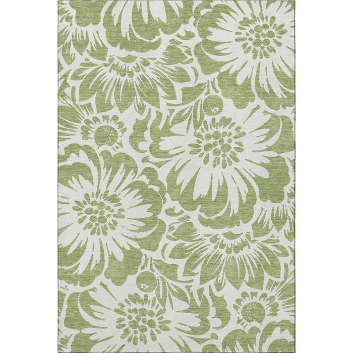 5' X 8' Floral Washable Area Rug With UV Protection (648612) - Fern Green / Ivory