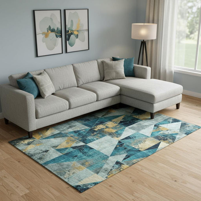 10' X 14' Geometric Washable Area Rug With UV Protection (707005) - Teal / Gold