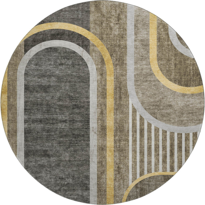 8' Geometric Washable Round Rug With UV Protection (647929) - Taupe / Gold