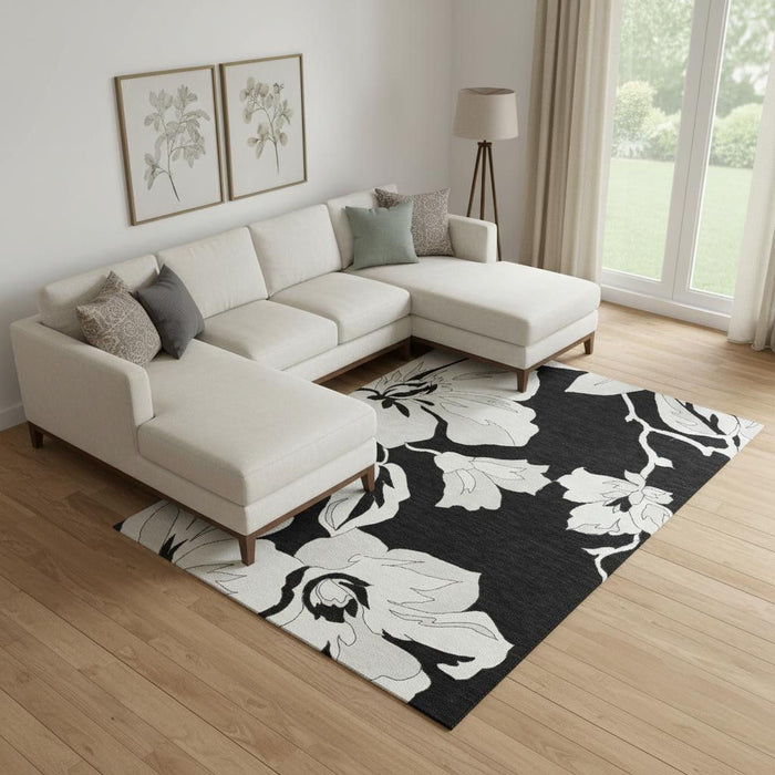 10' X 14' Floral Washable Area Rug With UV Protection (667969) - Black / Ivory