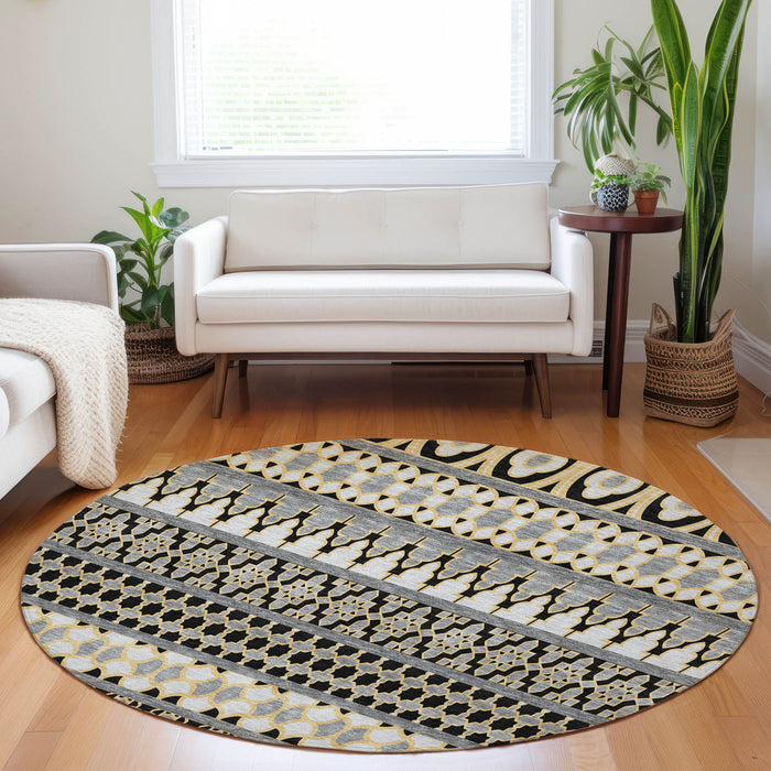 8' Copper Ikat Washable Round Rug With UV Protection - Charcoal