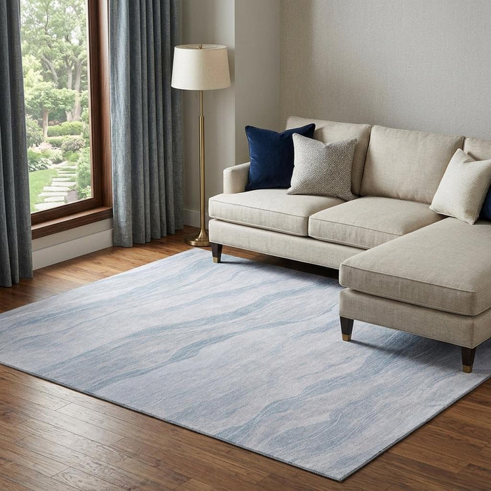 10' X 14' Striped Washable Area Rug With UV Protection (692523) - Sky Blue / Ivory