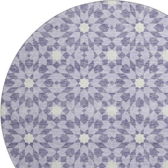 8' Geometric Washable Round Rug With UV Protection - Lilac And Ivory