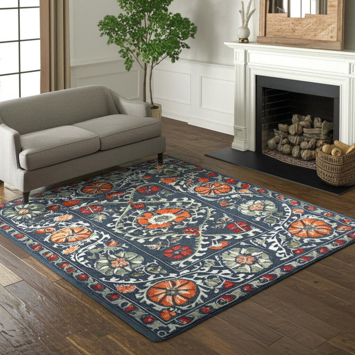 6' X 8' Tribal Washable Area Rug With UV Protection (610056) - Blue / Orange / Gray