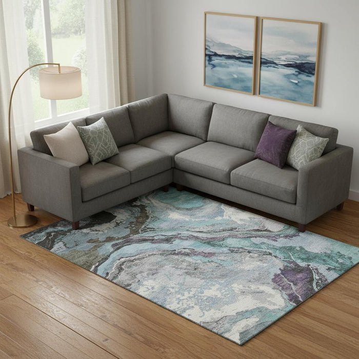 10' X 14' Abstract Washable Area Rug With UV Protection (707755) - Teal / Gray / Ivory
