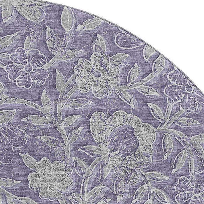 8' Floral Washable Round Rug With UV Protection - Eggplant And Gray