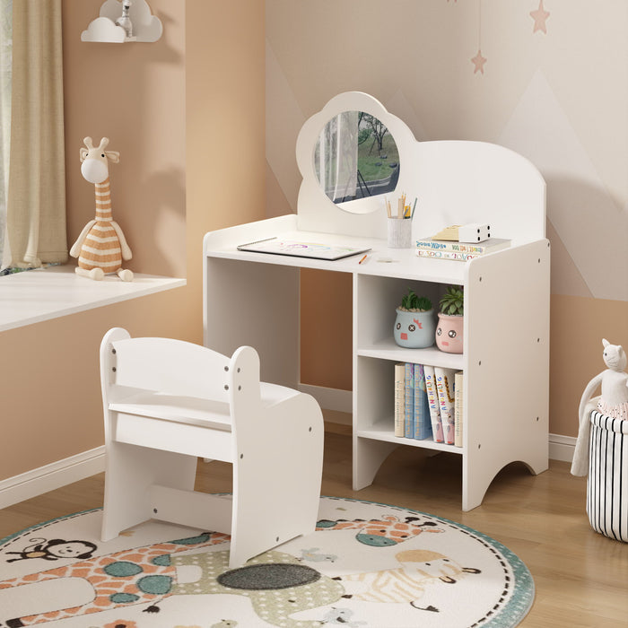 Kids vanity set with mirror and chair, white dressing makeup desk with storage shelves, by Giga.