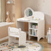Kids vanity set with mirror and chair, white dressing makeup desk with storage shelves, by Giga.