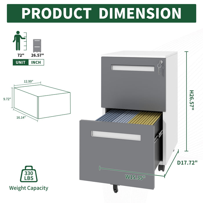 White Giga 2-drawer mobile filing cabinet with lock, 360° wheels, holds A4, letter, and legal files