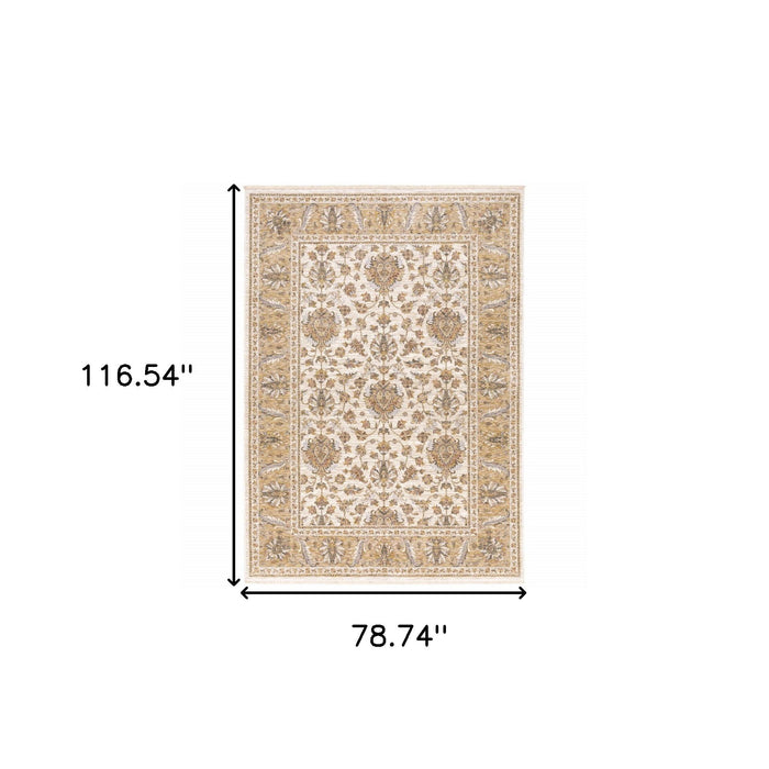 6' x 9' Oriental Power Loom Stain Resistant Area Rug With Fringe - Ivory And Gold