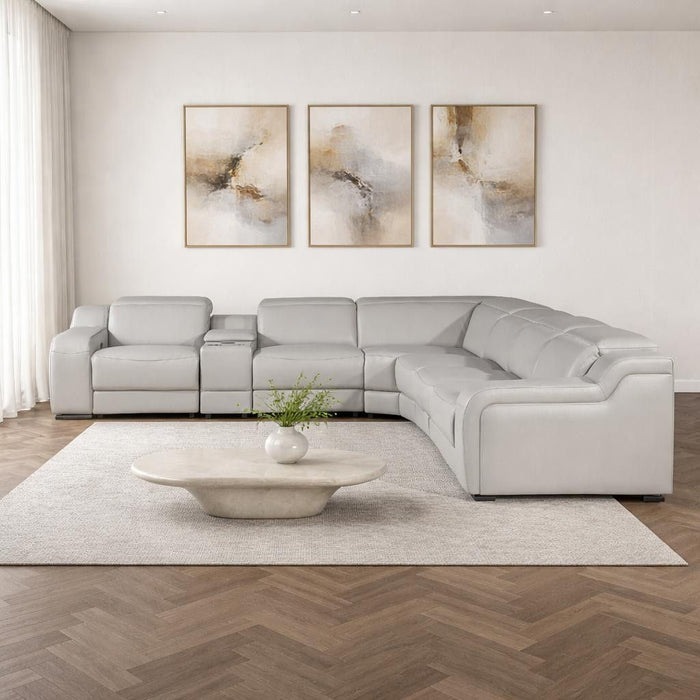 Italian Leather Power Reclining Curved 7 Piece Corner Sectional With Console - Light Gray
