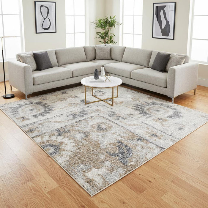 7' X 9' Floral Distressed Area Rug (556350) - Tan