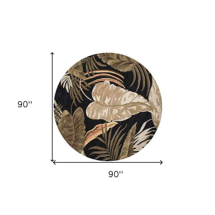 8' Hand Tufted Tropical Leaves Round Indoor Area Rug - Midnight Black