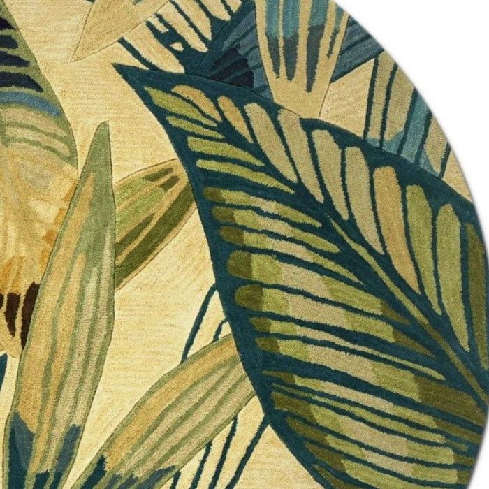 8' Hand Tufted Tropical Leaves Round Indoor Area Rug - Ivory Teal