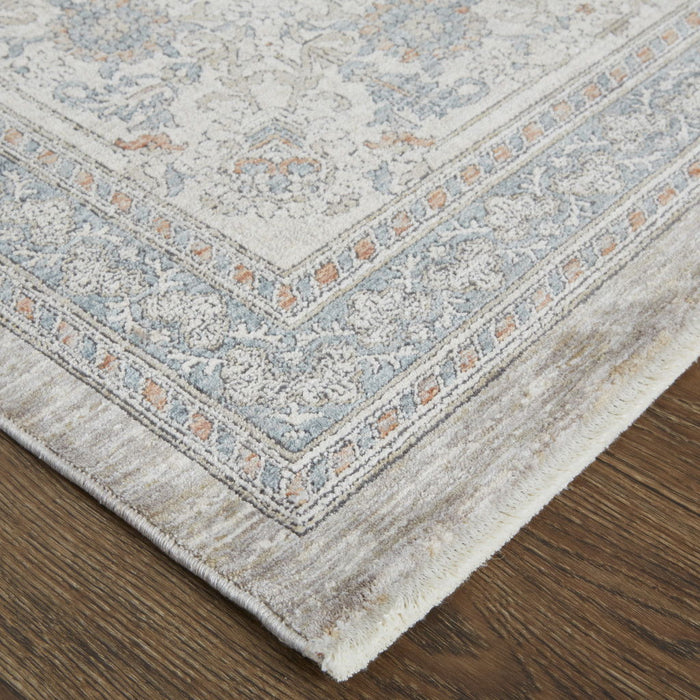 10' Oriental Power Loom Runner Rug With Fringe - Silver Taupe And Blue