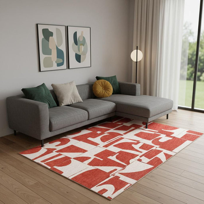 9' X 13' Geometric Washable Area Rug (551978) - Red / White