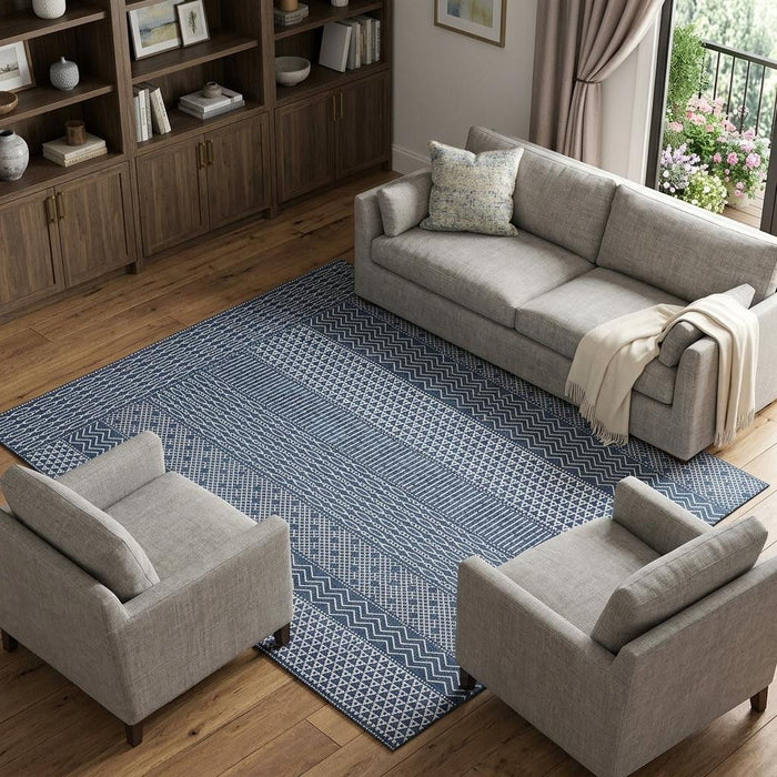 10' X 14' Striped Washable Area Rug With UV Protection (674808) - Navy Blue / Ivory