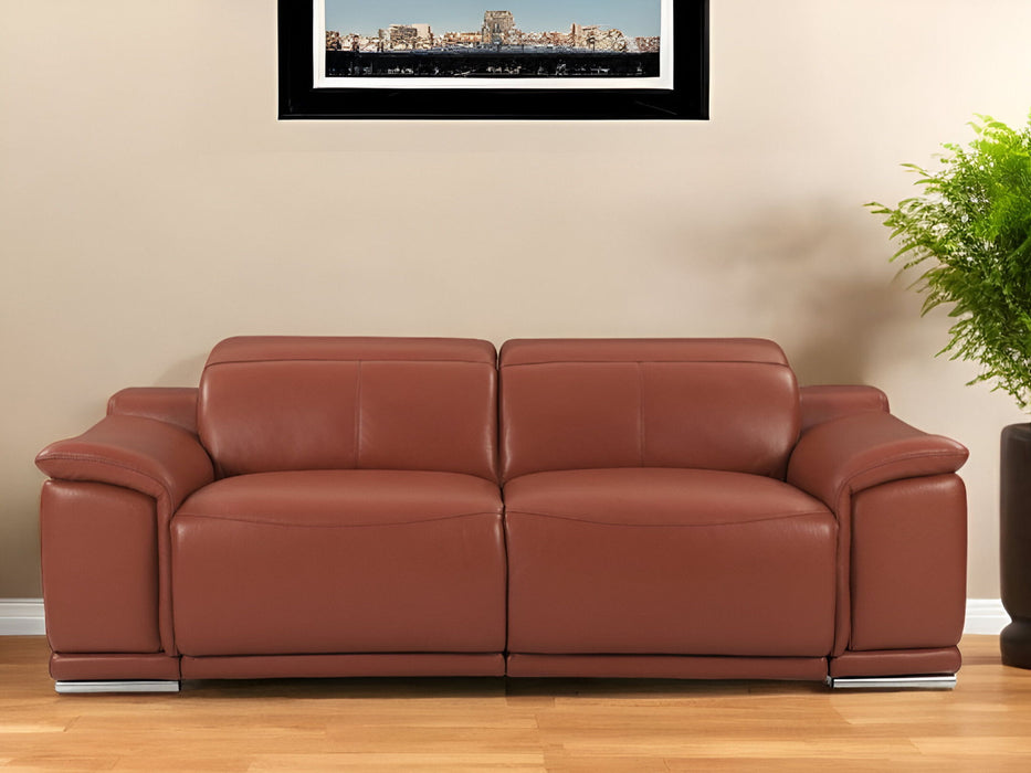 Italian Leather USB Reclining Sofa With Silver Legs - Camel