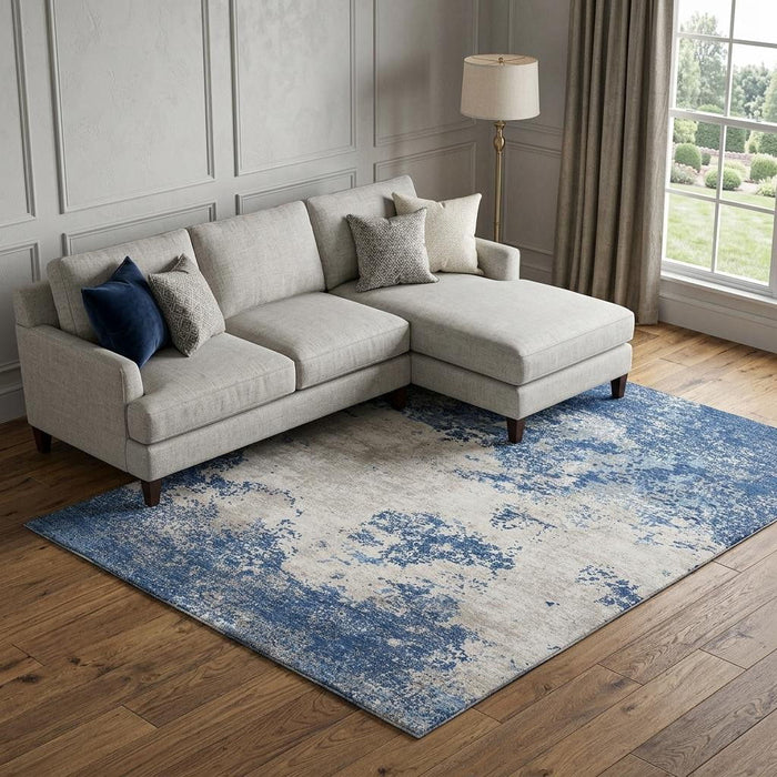 10' X 14' Abstract Washable Area Rug With UV Protection (680663) - Navy Blue / Ivory
