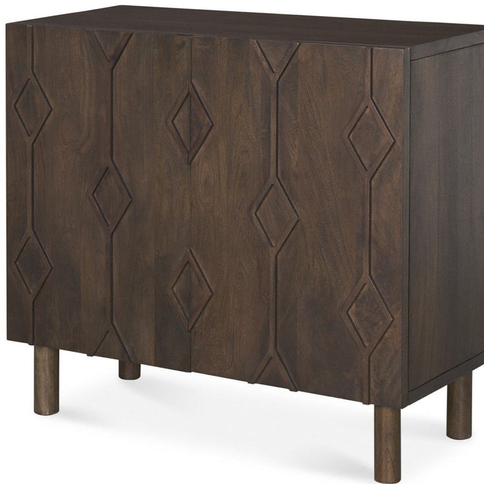 36" Solid Wood Carved Geometric Accent Cabinet With Two Doors - Dark Brown