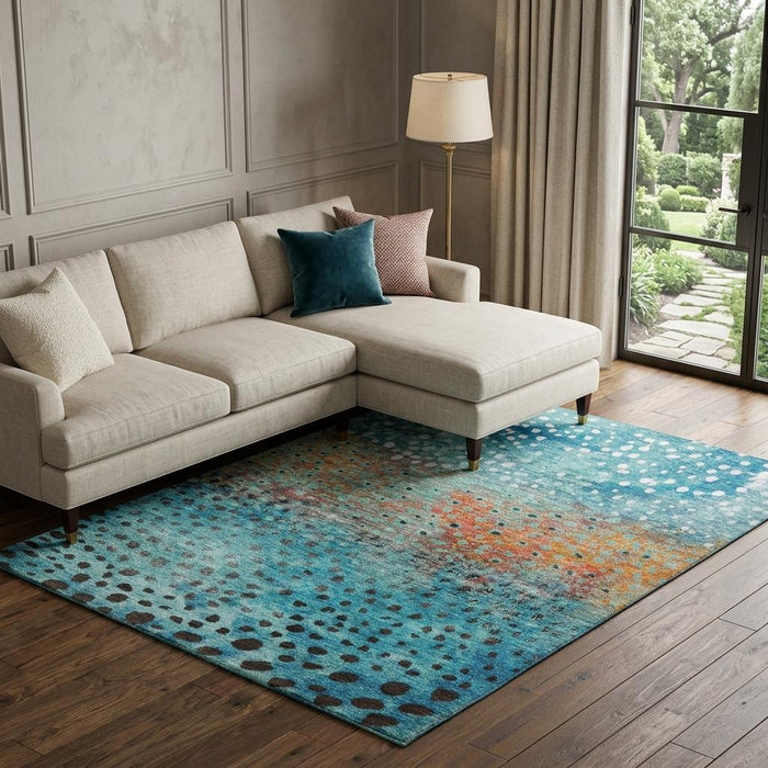 10' X 14' Polka Dot Washable Area Rug With UV Protection (683644) - Blue / Copper / Ivory