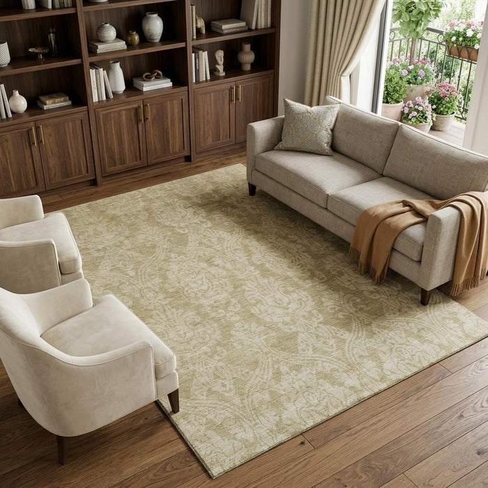 10' X 14' Damask Washable Area Rug With UV Protection (696380) - Tan / Beige