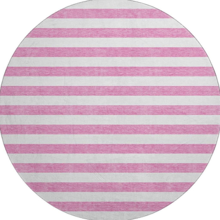 8' Striped Washable Round Rug With UV Protection (647635) - Pink / Ivory