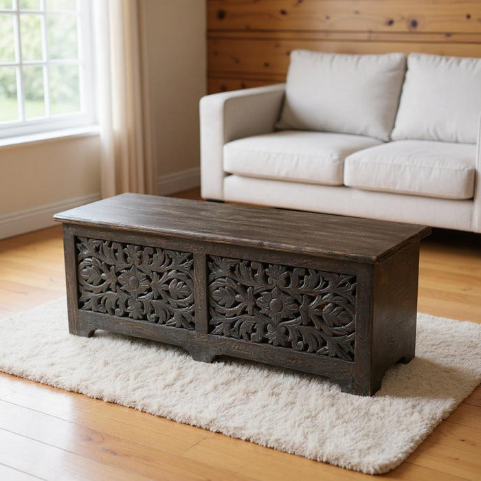 52" Distressed Solid Wood Carved Floral Storage Ottoman - Black