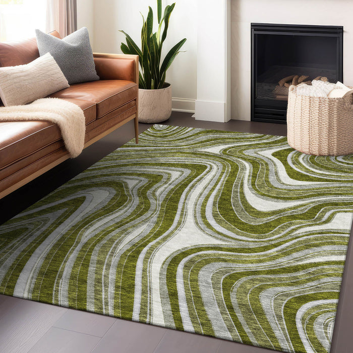 10' X 14' Marble Washable Area Rug With UV Protection - Olive Green