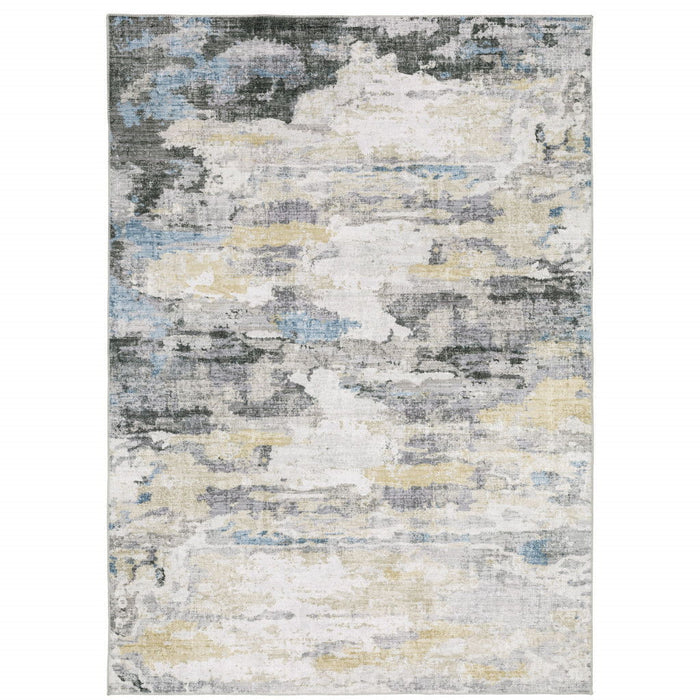 8' x 10' Abstract Printed Stain Resistant Non Skid Area Rug - Gray Blue Charcoal Ivory Yellow Beige And Tan
