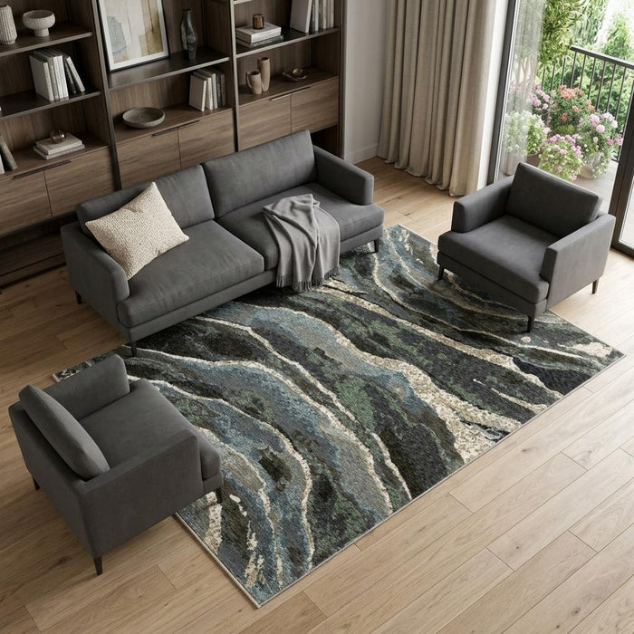 8' X 11' Abstract Area Rug With Fringe (575162) - Blue / Black / Beige