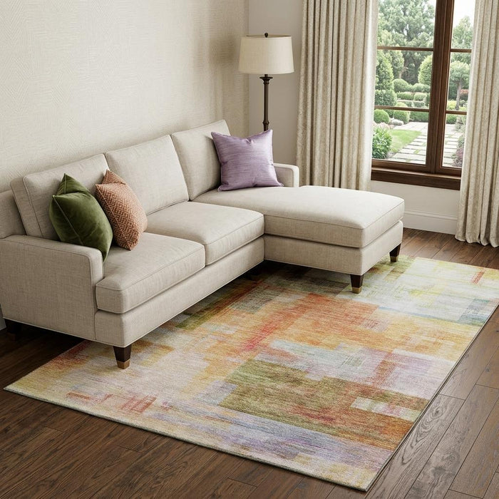 10' X 14' Abstract Geometric Washable Area Rug With UV Protection (683488) - Coral / Ivory / Gold