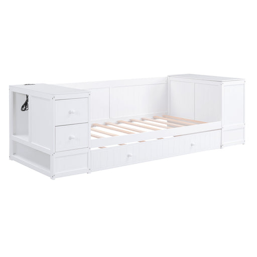 Giga daybed with storage arms, trundle bed, and built-in charging station showcasing its stylish design and functional features.