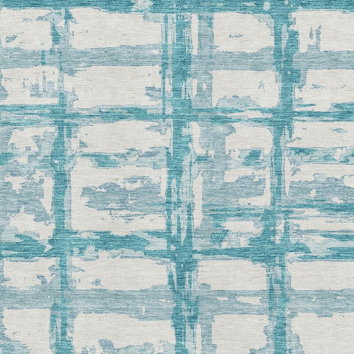 9' X 12' Striped Washable Area Rug Polyester With UV Protection - Teal And Ivory
