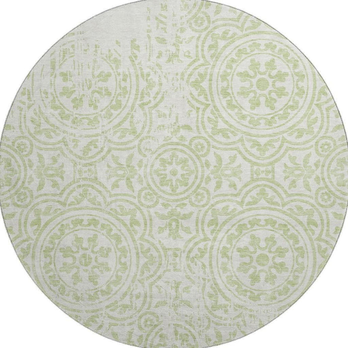 8' Medallion Washable Round Rug With UV Protection - Artichoke Green / Ivory