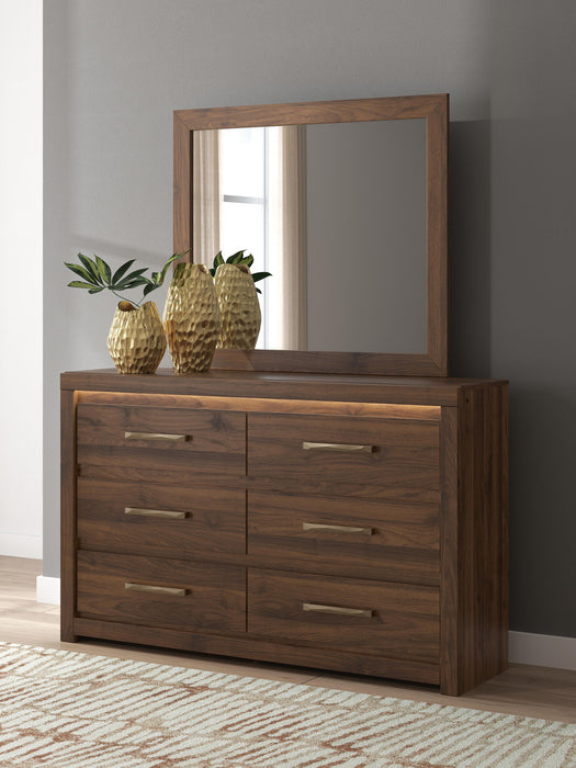 Signature Design by Ashley Janfyn six-drawer dresser with dark wood finish and sleek metal handles, showcasing ample storage space.