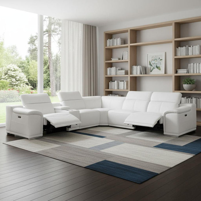Italian Leather Power Reclining U Shaped Six Piece Corner Sectional With Console - White