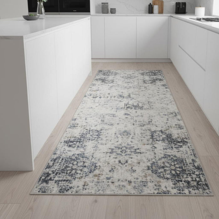 8' Floral Distressed Runner Rug (563981) - Ivory / Blue / Brown