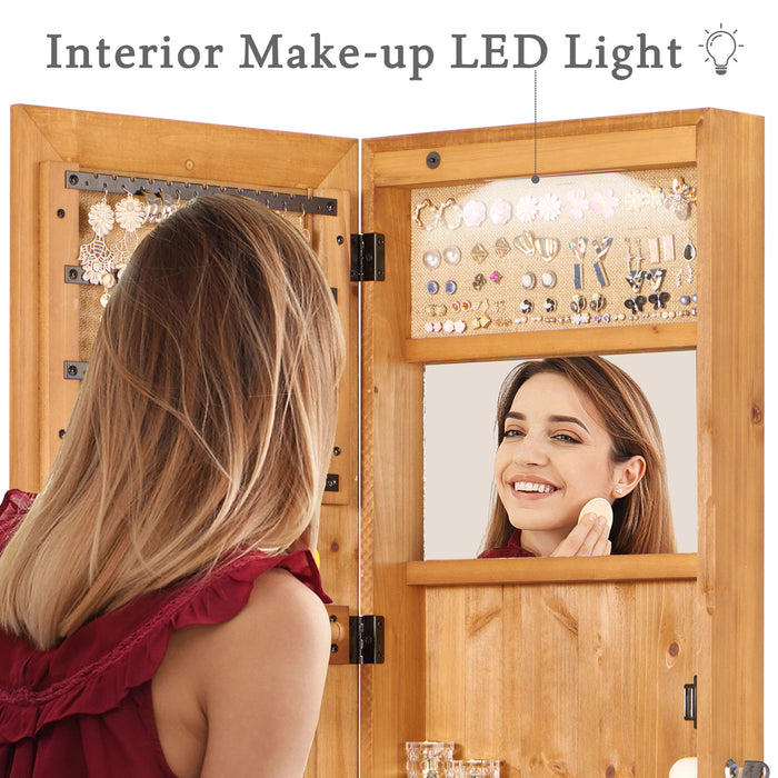 Giga jewelry armoire organizer with full-length mirror, wall-mounted lockable cabinet and integrated LED lighting.